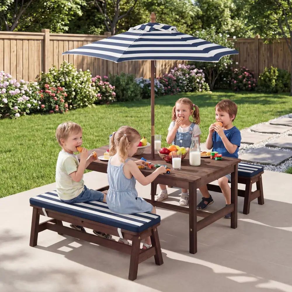 Outdoor Wooden Kids Picnic Table with Removable Umbrella and Cushions-Blue - Blue - Kids Table & Chair Sets