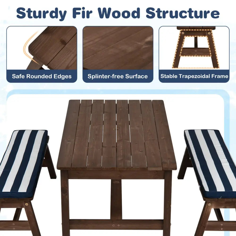 Outdoor Wooden Kids Picnic Table with Removable Umbrella and Cushions-Blue - Blue - Kids Table & Chair Sets