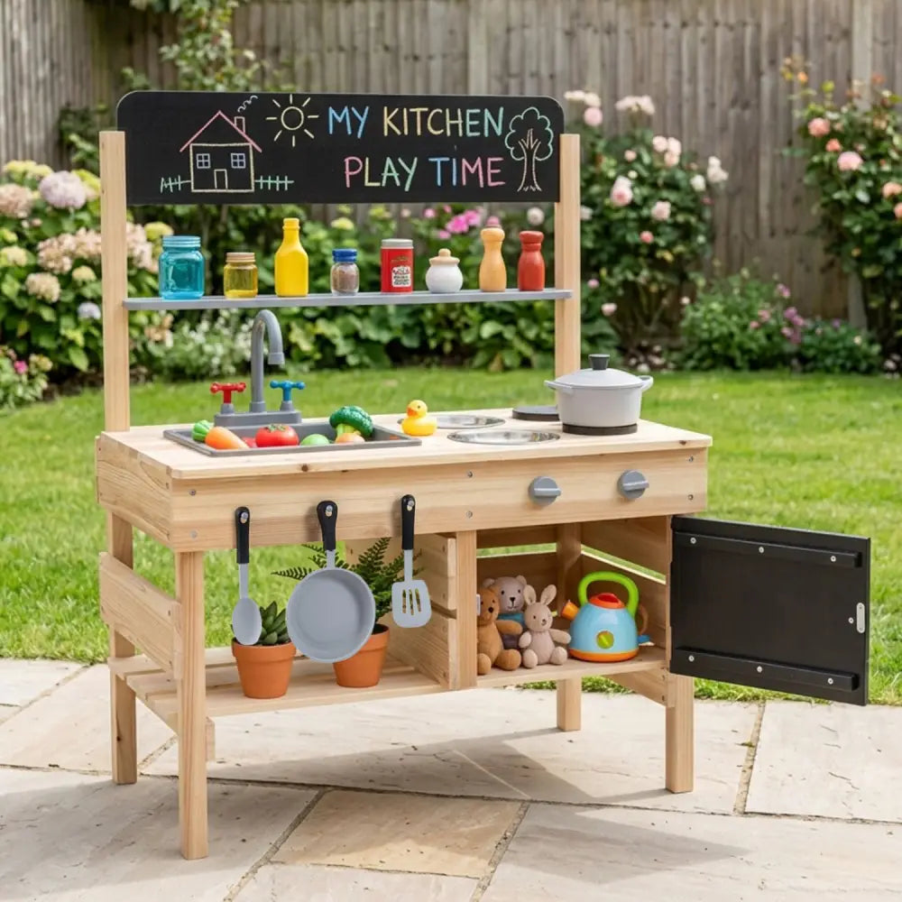 Outdoor Wooden Mud Kitchen for Kids with Sink and Stoves-Natural - Natural - Play Kitchen Sets