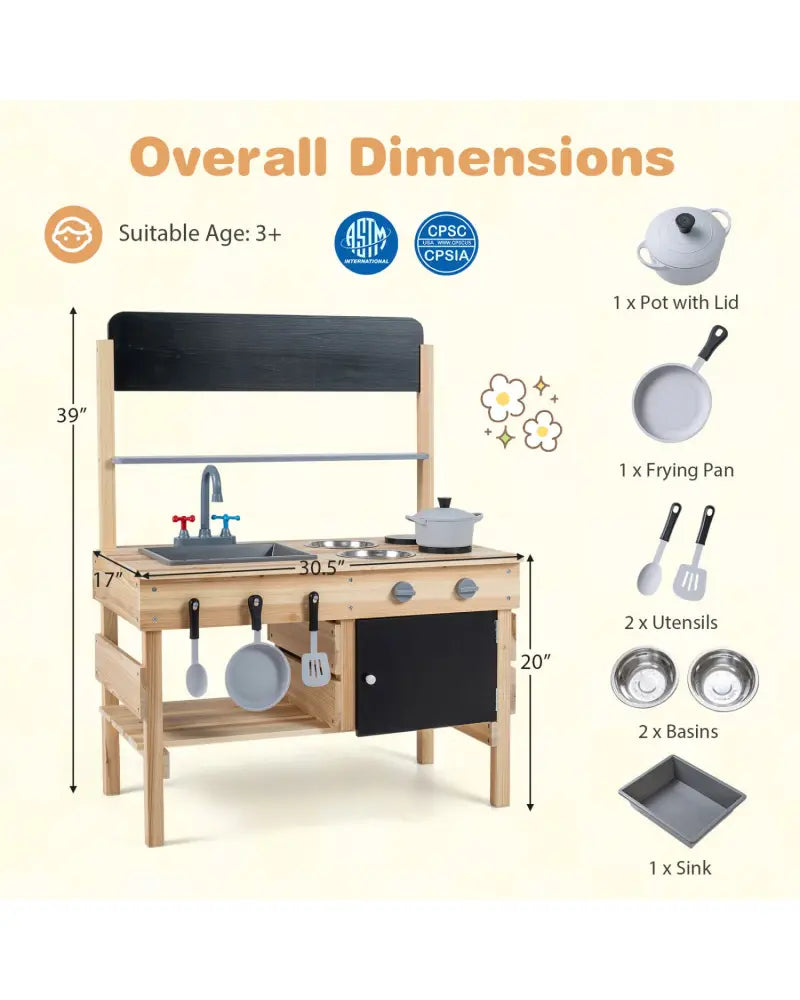 Outdoor Wooden Mud Kitchen for Kids with Sink and Stoves-Natural - Natural - Play Kitchen Sets