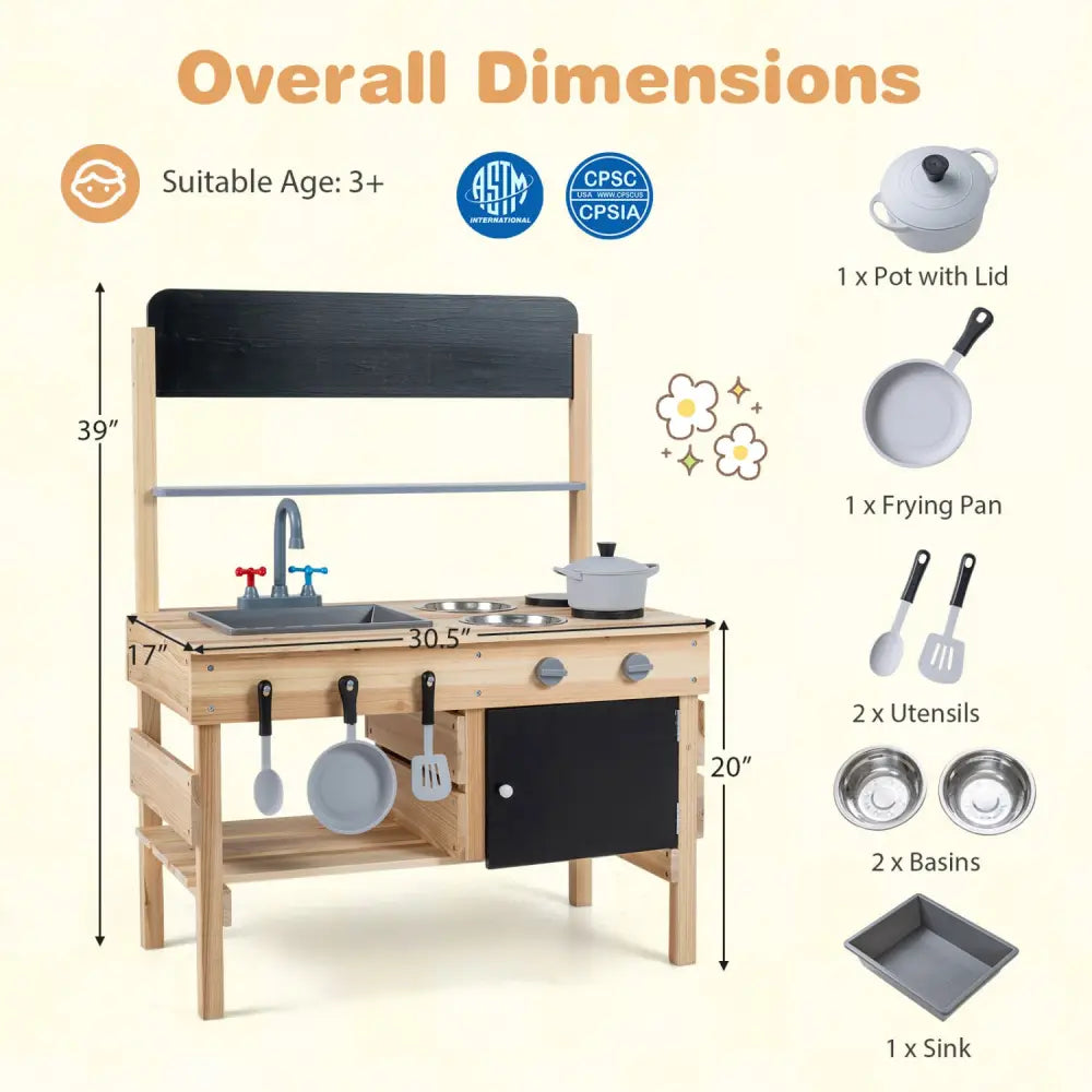 Outdoor Wooden Mud Kitchen for Kids with Sink and Stoves-Natural - Natural - Play Kitchen Sets
