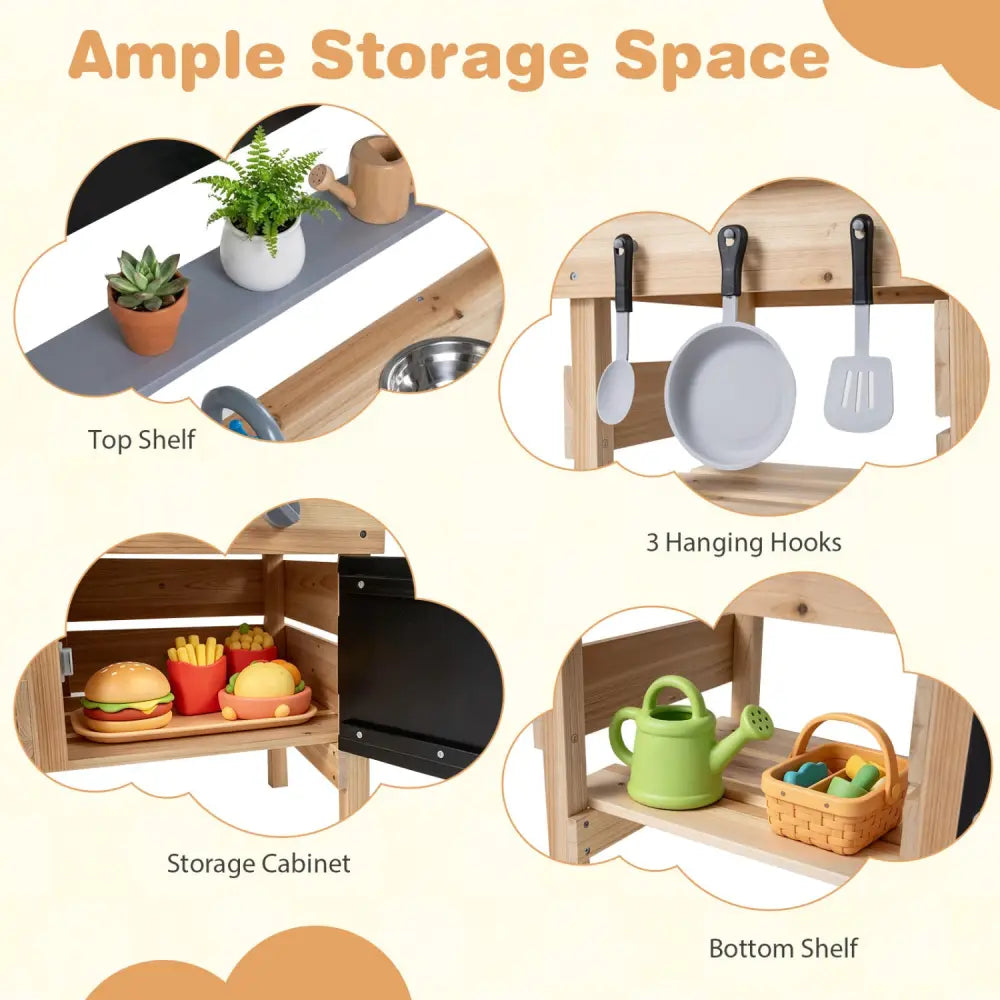 Outdoor Wooden Mud Kitchen for Kids with Sink and Stoves-Natural - Natural - Play Kitchen Sets