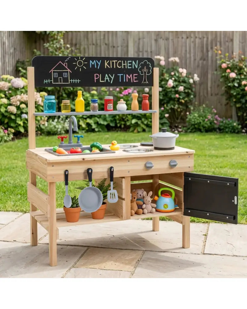 Outdoor Wooden Mud Kitchen for Kids with Sink and Stoves-Natural - Natural - Play Kitchen Sets