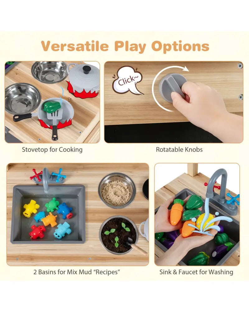 Outdoor Wooden Mud Kitchen for Kids with Sink and Stoves-Natural - Natural - Play Kitchen Sets