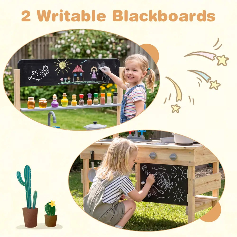 Outdoor Wooden Mud Kitchen for Kids with Sink and Stoves-Natural - Natural - Play Kitchen Sets