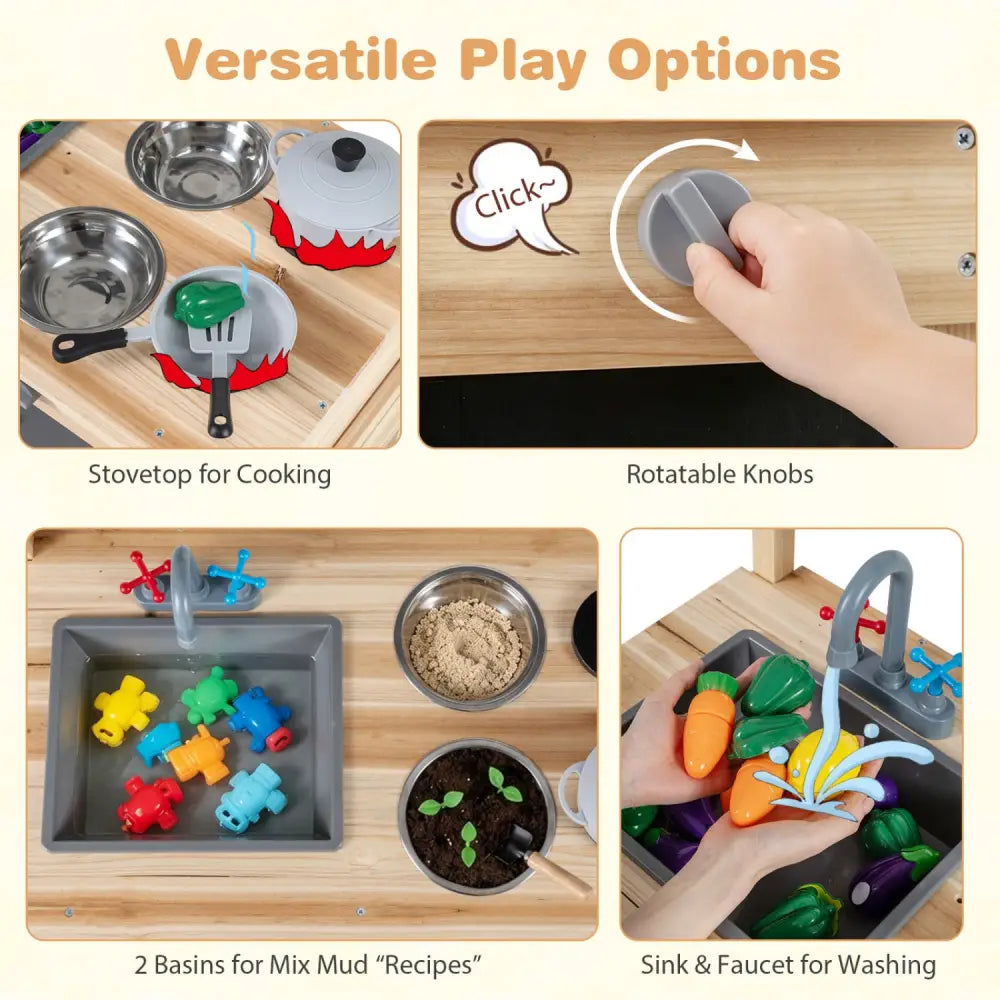 Outdoor Wooden Mud Kitchen for Kids with Sink and Stoves-Natural - Natural - Play Kitchen Sets