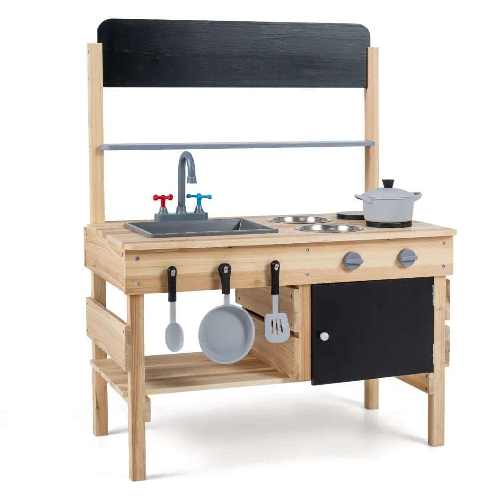 Outdoor Wooden Mud Kitchen for Kids with Sink and Stoves-Natural - Natural - Play Kitchen Sets
