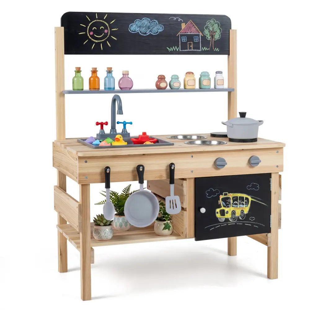 Outdoor Wooden Mud Kitchen for Kids with Sink and Stoves-Natural - Natural - Play Kitchen Sets