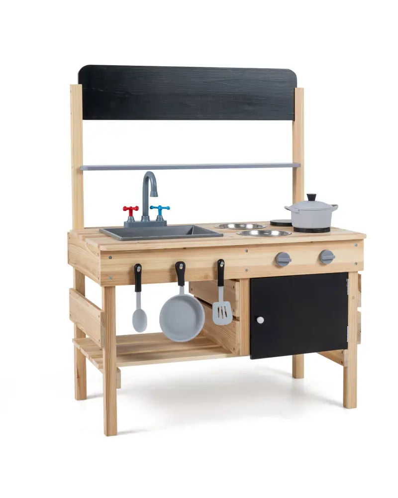 Outdoor Wooden Mud Kitchen for Kids with Sink and Stoves-Natural - Natural - Play Kitchen Sets