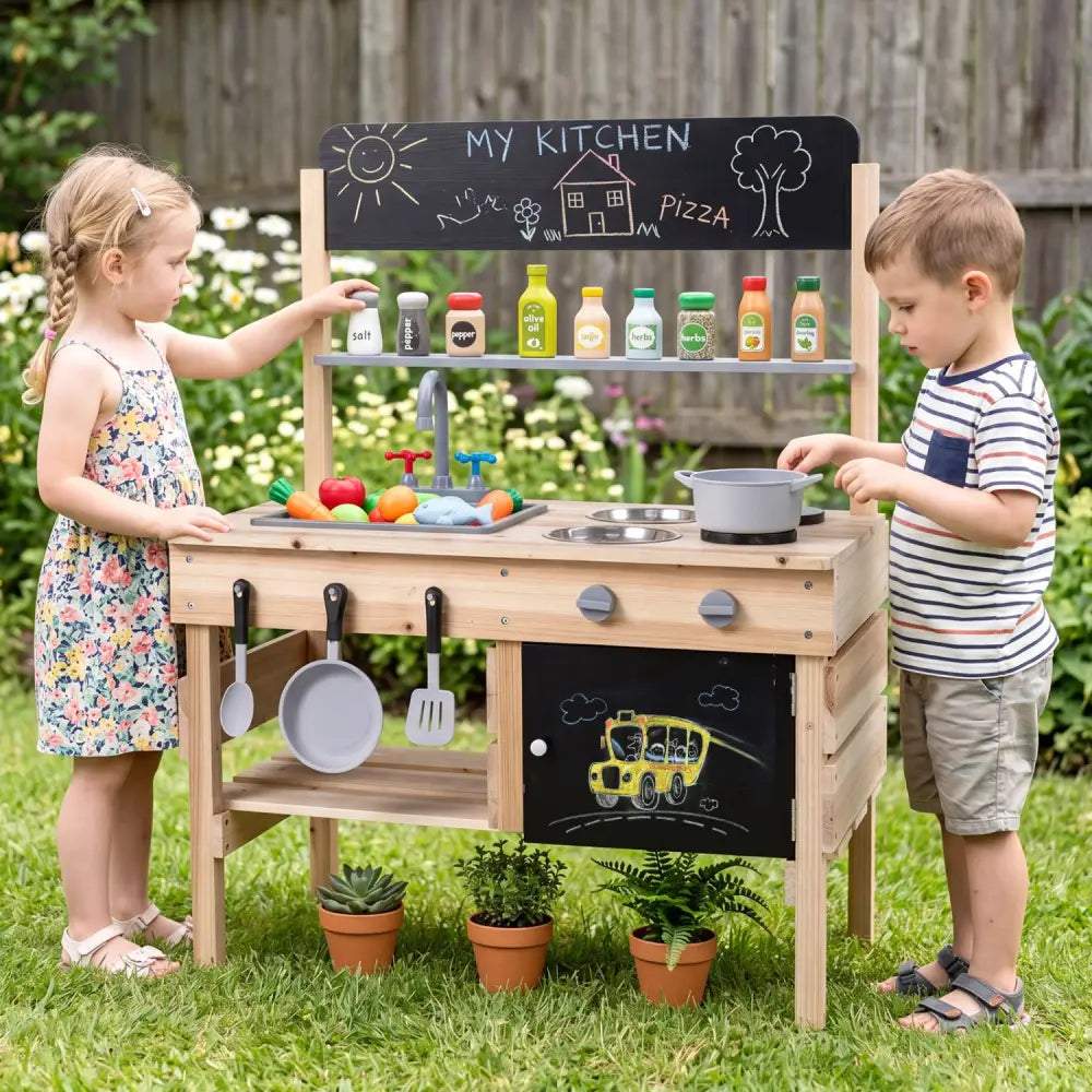 Outdoor Wooden Mud Kitchen for Kids with Sink and Stoves-Natural - Natural - Play Kitchen Sets