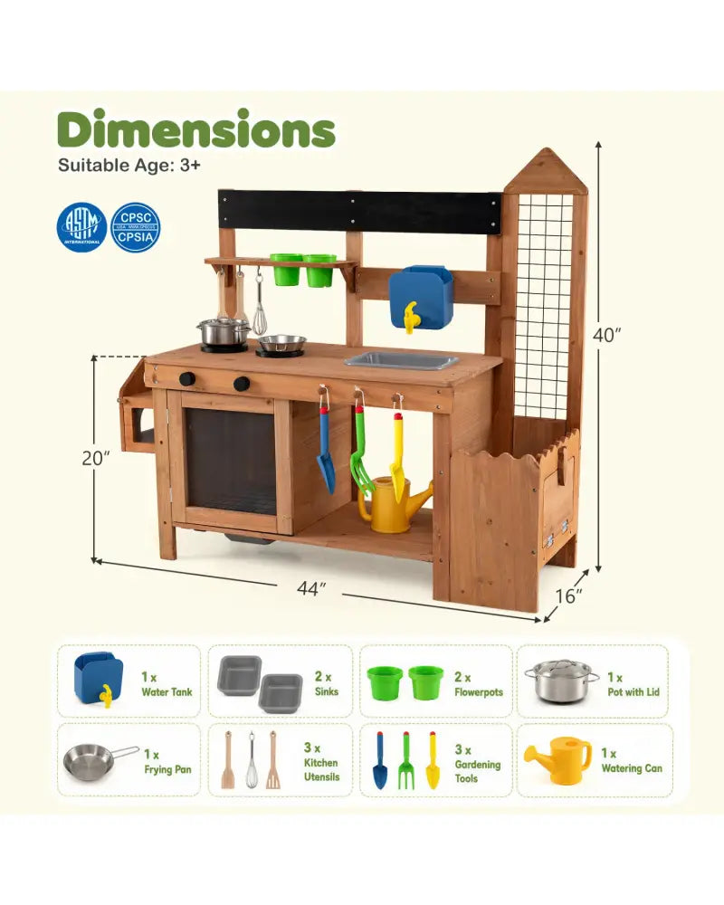 Outdoor Wooden Mud Kitchen with Planter Box and Sink for Toddlers-Natural - Natural - Play Kitchen Sets