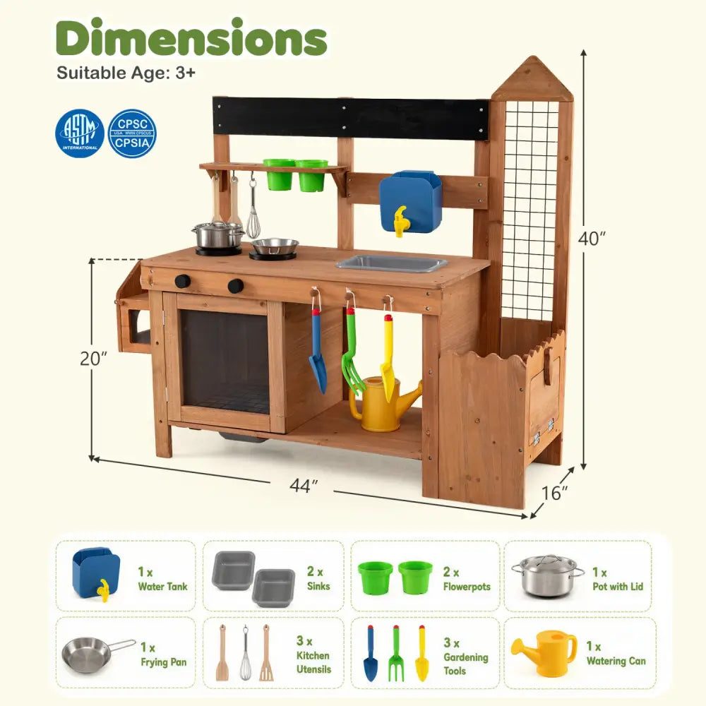 Outdoor Wooden Mud Kitchen with Planter Box and Sink for Toddlers-Natural - Natural - Play Kitchen Sets