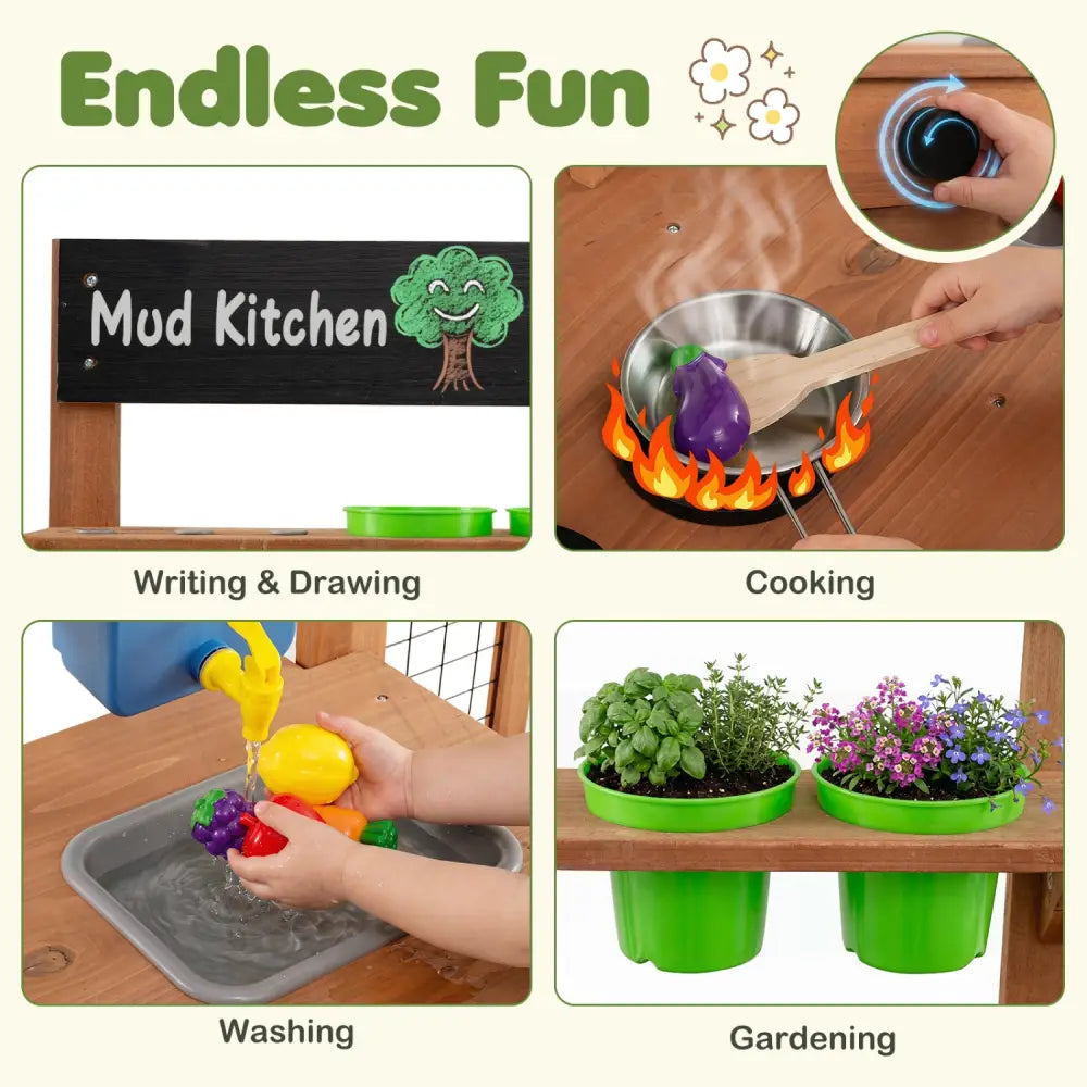 Outdoor Wooden Mud Kitchen with Planter Box and Sink for Toddlers-Natural - Natural - Play Kitchen Sets