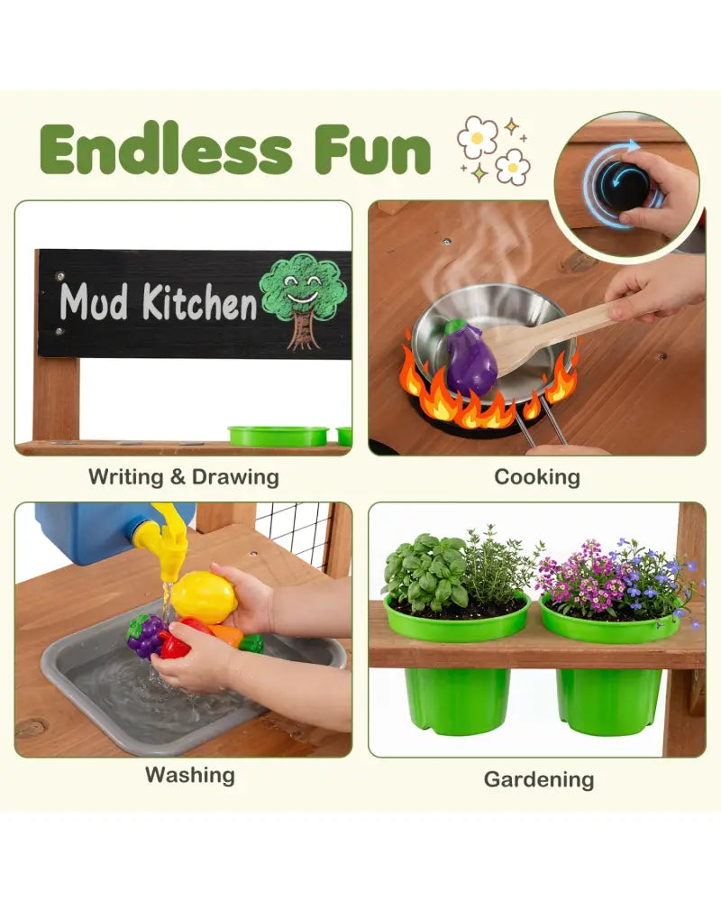 Outdoor Wooden Mud Kitchen with Planter Box and Sink for Toddlers-Natural - Natural - Play Kitchen Sets