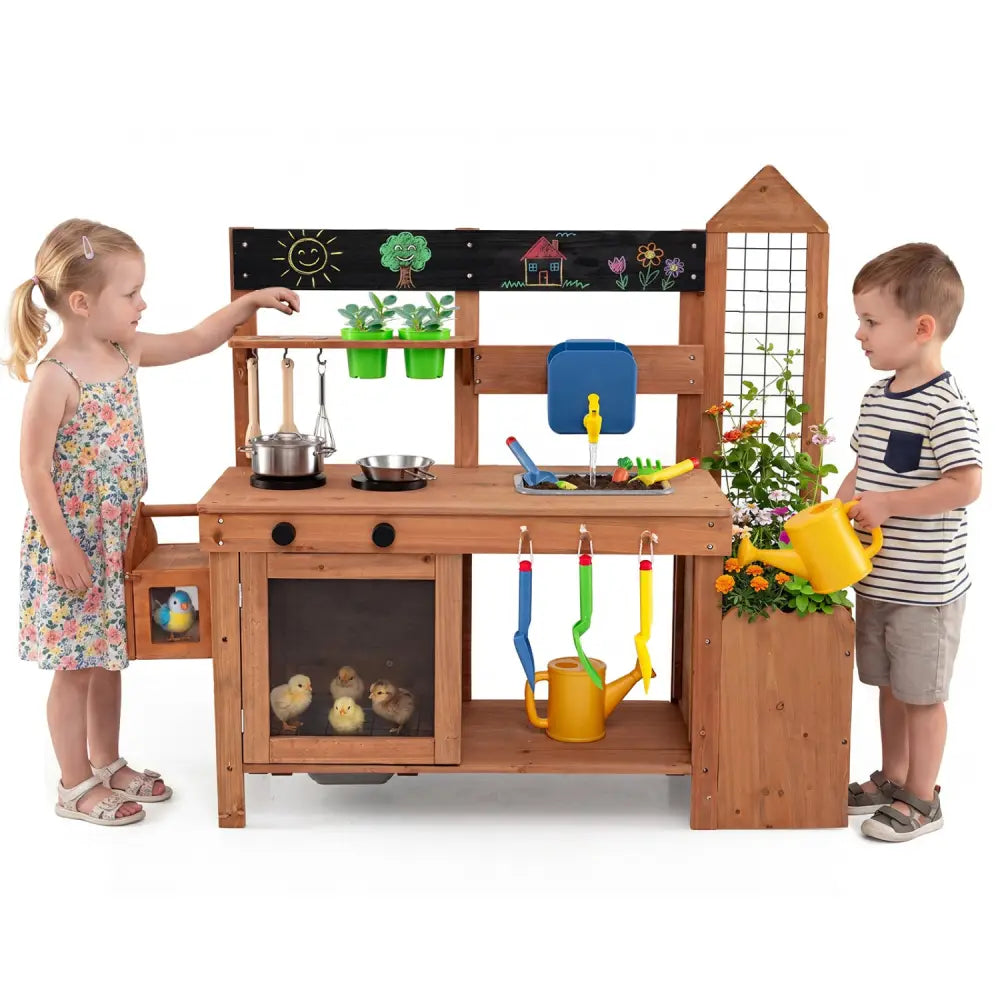 Outdoor Wooden Mud Kitchen with Planter Box and Sink for Toddlers-Natural - Natural - Play Kitchen Sets