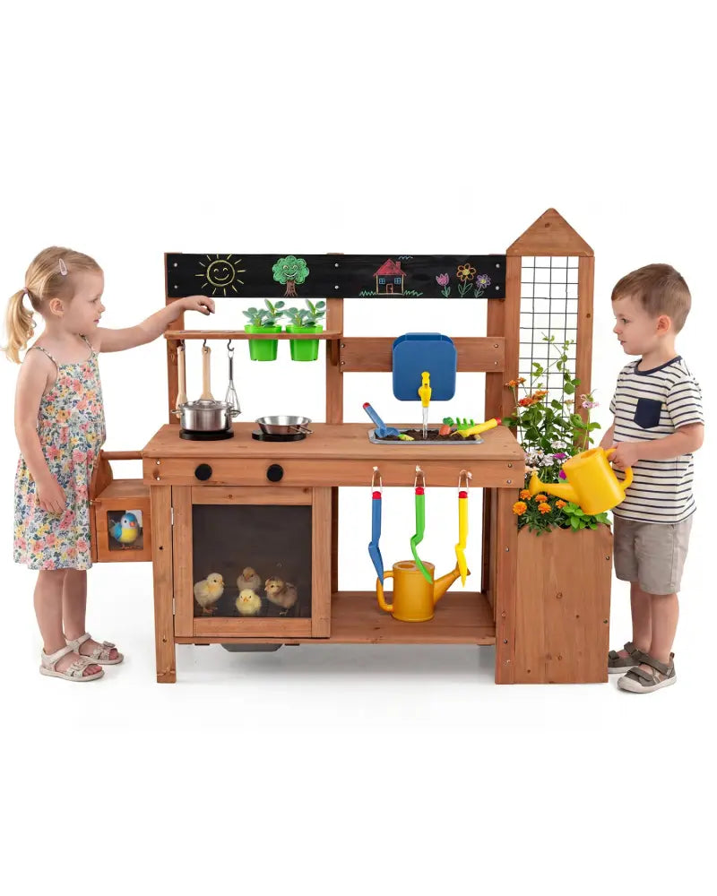Outdoor Wooden Mud Kitchen with Planter Box and Sink for Toddlers-Natural - Natural - Play Kitchen Sets