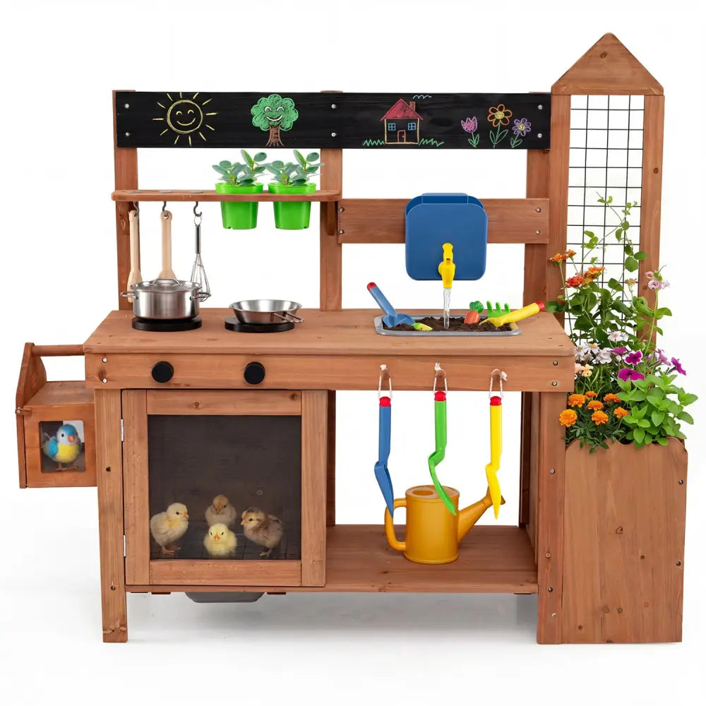 Outdoor Wooden Mud Kitchen with Planter Box and Sink for Toddlers-Natural - Natural - Play Kitchen Sets