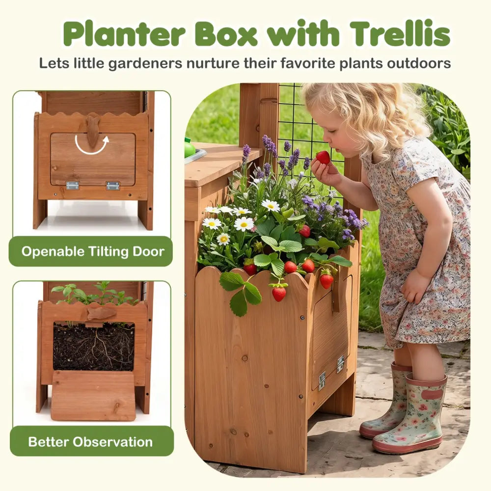 Outdoor Wooden Mud Kitchen with Planter Box and Sink for Toddlers-Natural - Natural - Play Kitchen Sets