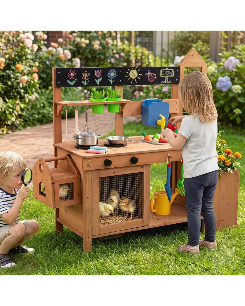 Outdoor Wooden Mud Kitchen with Planter Box and Sink for Toddlers-Natural - Natural - Play Kitchen Sets