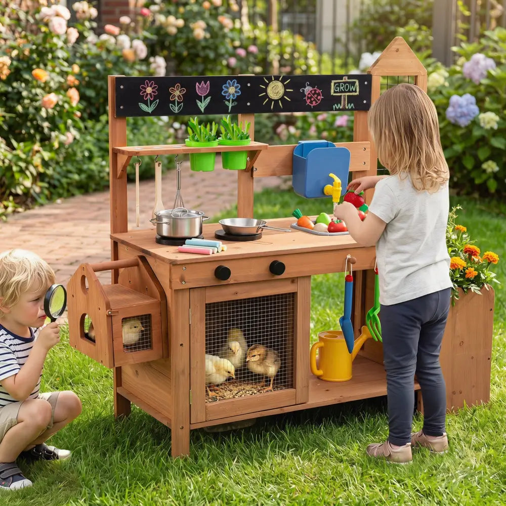 Outdoor Wooden Mud Kitchen with Planter Box and Sink for Toddlers-Natural - Natural - Play Kitchen Sets