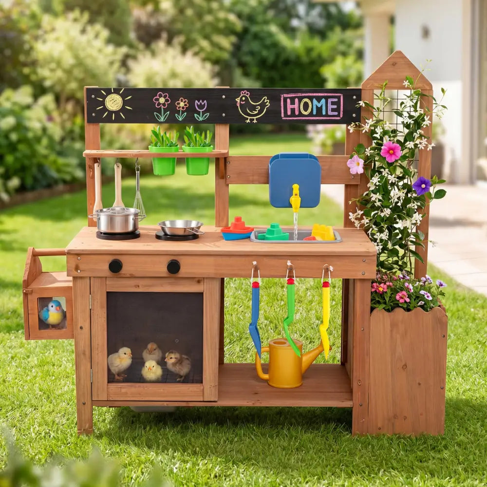 Outdoor Wooden Mud Kitchen with Planter Box and Sink for Toddlers-Natural - Natural - Play Kitchen Sets