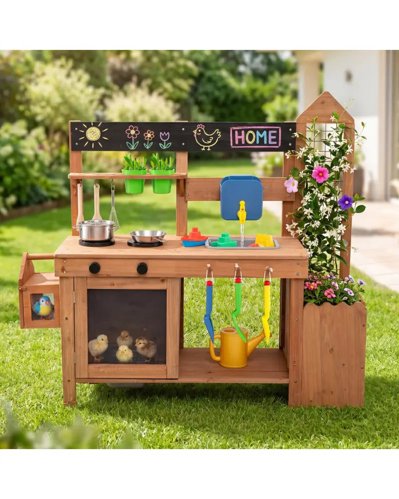 Outdoor Wooden Mud Kitchen with Planter Box and Sink for Toddlers-Natural - Natural - Play Kitchen Sets