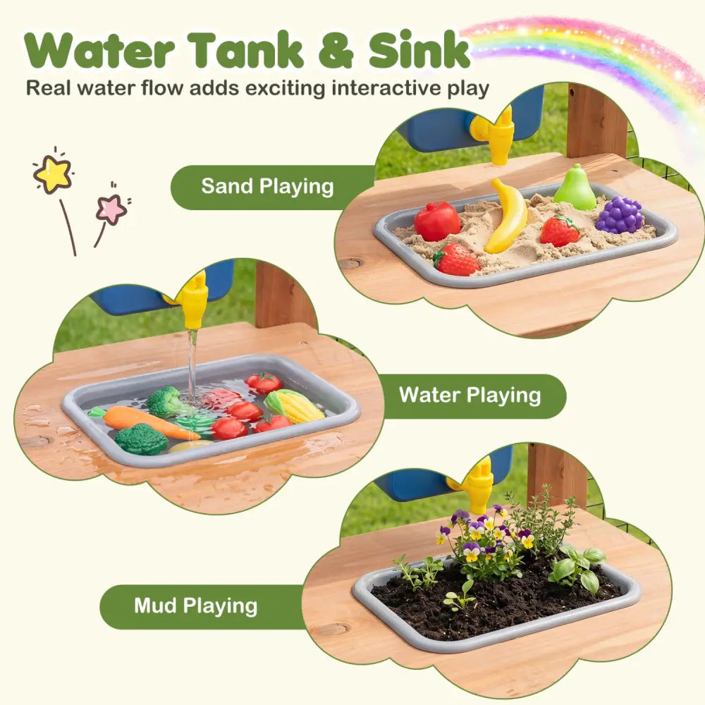 Outdoor Wooden Mud Kitchen with Planter Box and Sink for Toddlers-Natural - Natural - Play Kitchen Sets