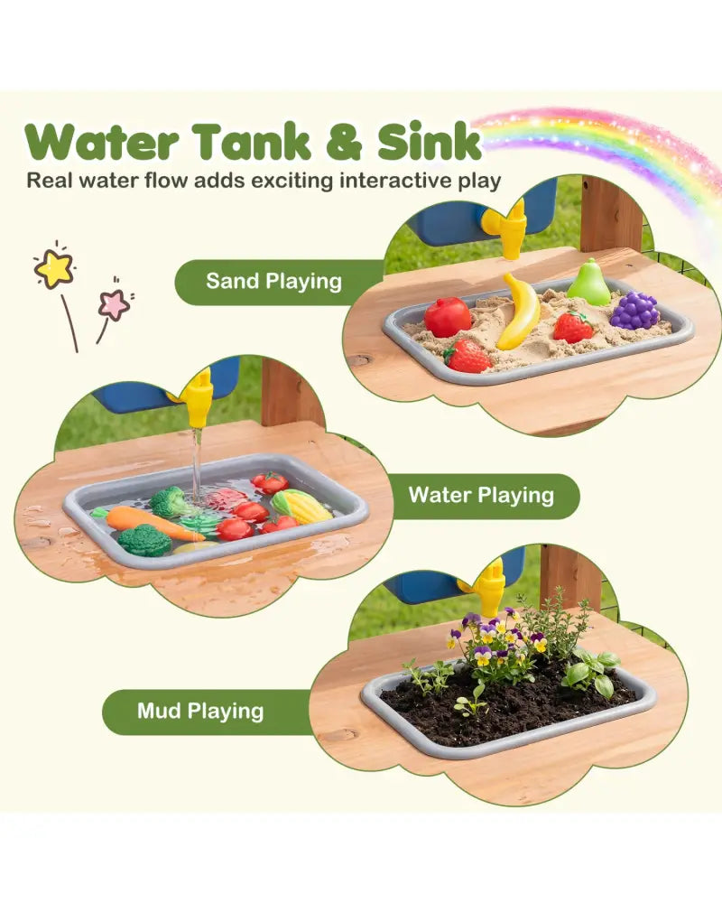 Outdoor Wooden Mud Kitchen with Planter Box and Sink for Toddlers-Natural - Natural - Play Kitchen Sets