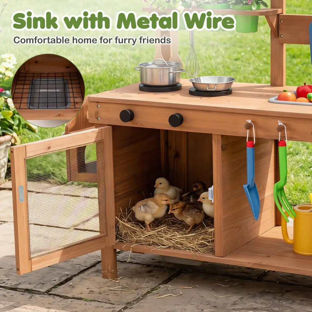 Outdoor Wooden Mud Kitchen with Planter Box and Sink for Toddlers-Natural - Natural - Play Kitchen Sets