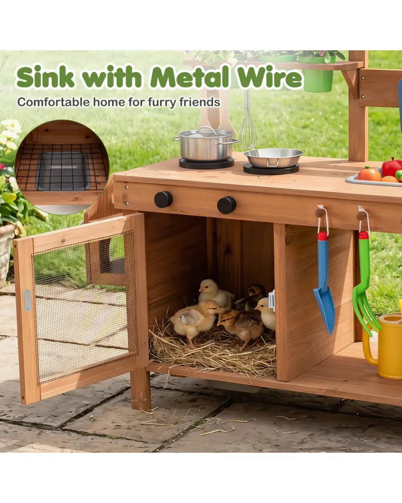 Outdoor Wooden Mud Kitchen with Planter Box and Sink for Toddlers-Natural - Natural - Play Kitchen Sets