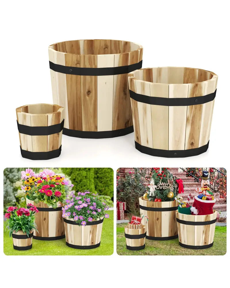 Outdoor Wooden Planter Box with Drainage Holes Set of 3 - Natural - Raised Garden Beds