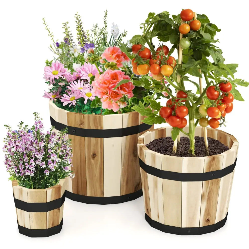 Outdoor Wooden Planter Box with Drainage Holes Set of 3 - Natural - Raised Garden Beds