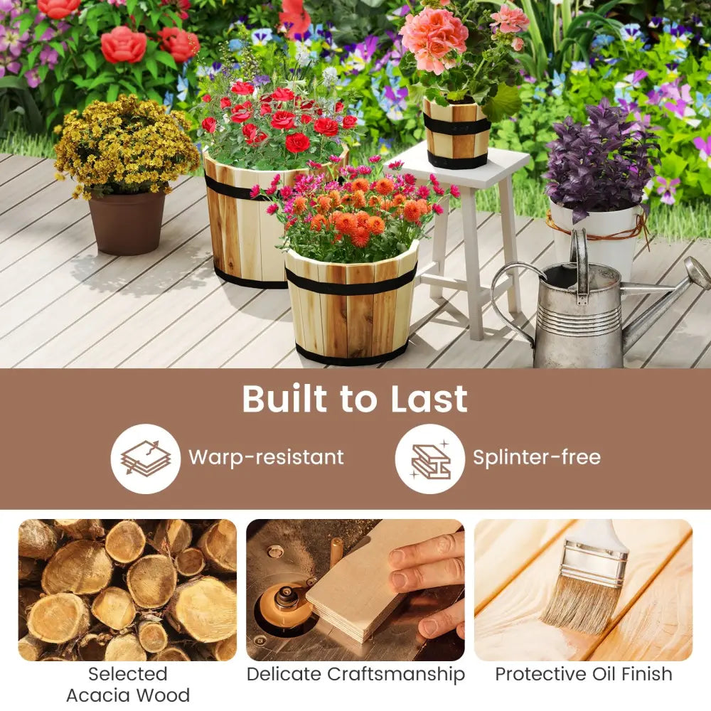 Outdoor Wooden Planter Box with Drainage Holes Set of 3 - Natural - Raised Garden Beds