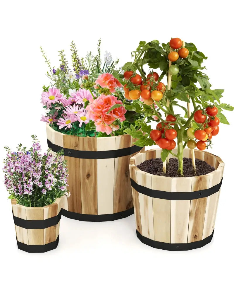 Outdoor Wooden Planter Box with Drainage Holes Set of 3 - Natural - Raised Garden Beds