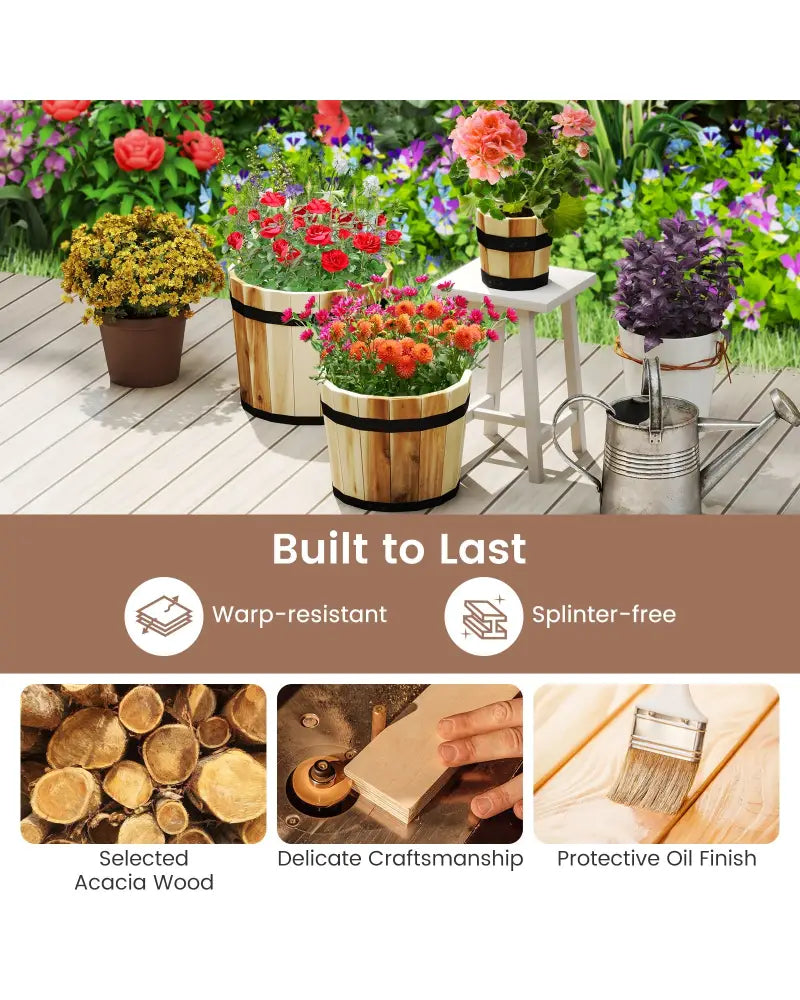 Outdoor Wooden Planter Box with Drainage Holes Set of 3 - Natural - Raised Garden Beds