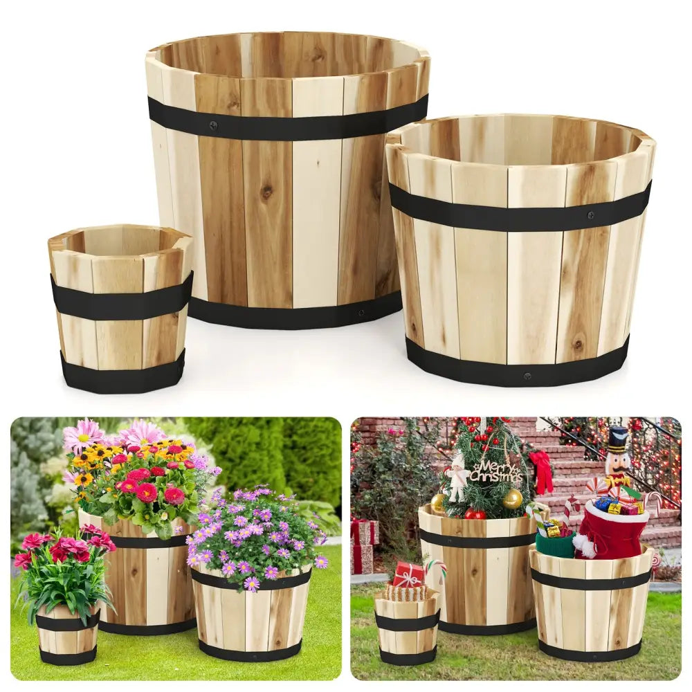 Outdoor Wooden Planter Box with Drainage Holes Set of 3 - Natural - Raised Garden Beds