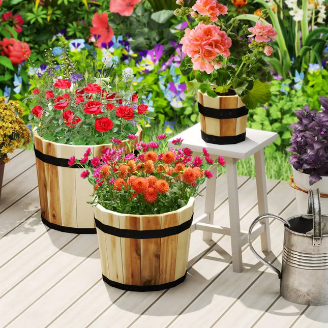 Outdoor Wooden Planter Box with Drainage Holes Set of 3 - Natural - Raised Garden Beds