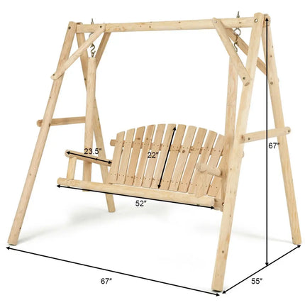 Outdoor Wooden Porch Bench Swing Chair with Rustic Curved Back - Natural - Porch Swings