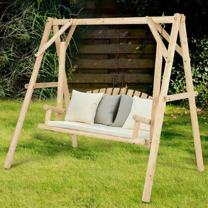 Outdoor Wooden Porch Bench Swing Chair with Rustic Curved Back - Natural - Porch Swings