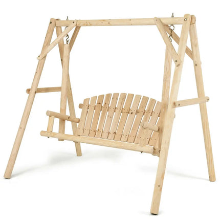 Outdoor Wooden Porch Bench Swing Chair with Rustic Curved Back - Natural - Porch Swings