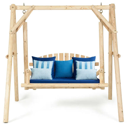 Outdoor Wooden Porch Bench Swing Chair with Rustic Curved Back - Natural - Porch Swings