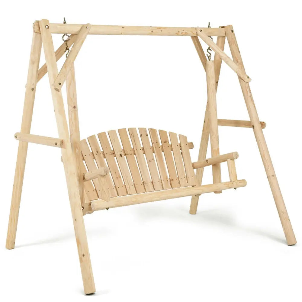 Outdoor Wooden Porch Bench Swing Chair with Rustic Curved Back - Natural - Porch Swings