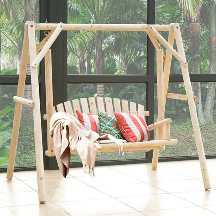Outdoor Wooden Porch Bench Swing Chair with Rustic Curved Back - Natural - Porch Swings