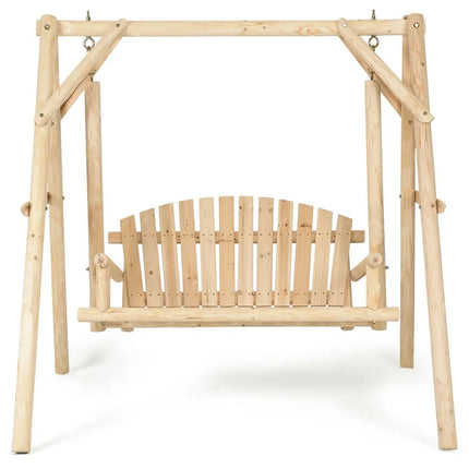 Outdoor Wooden Porch Bench Swing Chair with Rustic Curved Back - Natural - Porch Swings