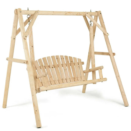 Outdoor Wooden Porch Bench Swing Chair with Rustic Curved Back - Natural - Porch Swings