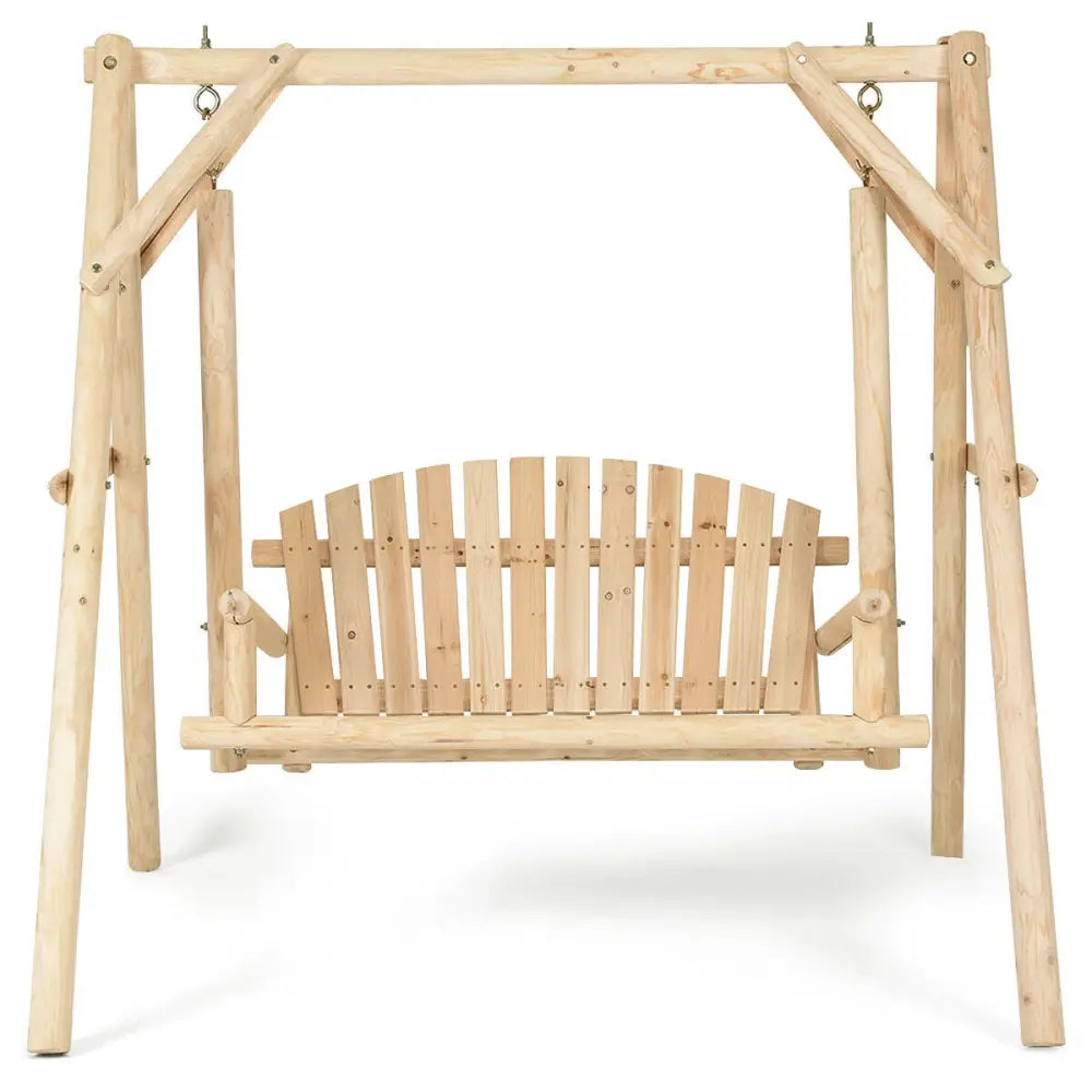 Outdoor Wooden Porch Bench Swing Chair with Rustic Curved Back - Natural - Porch Swings