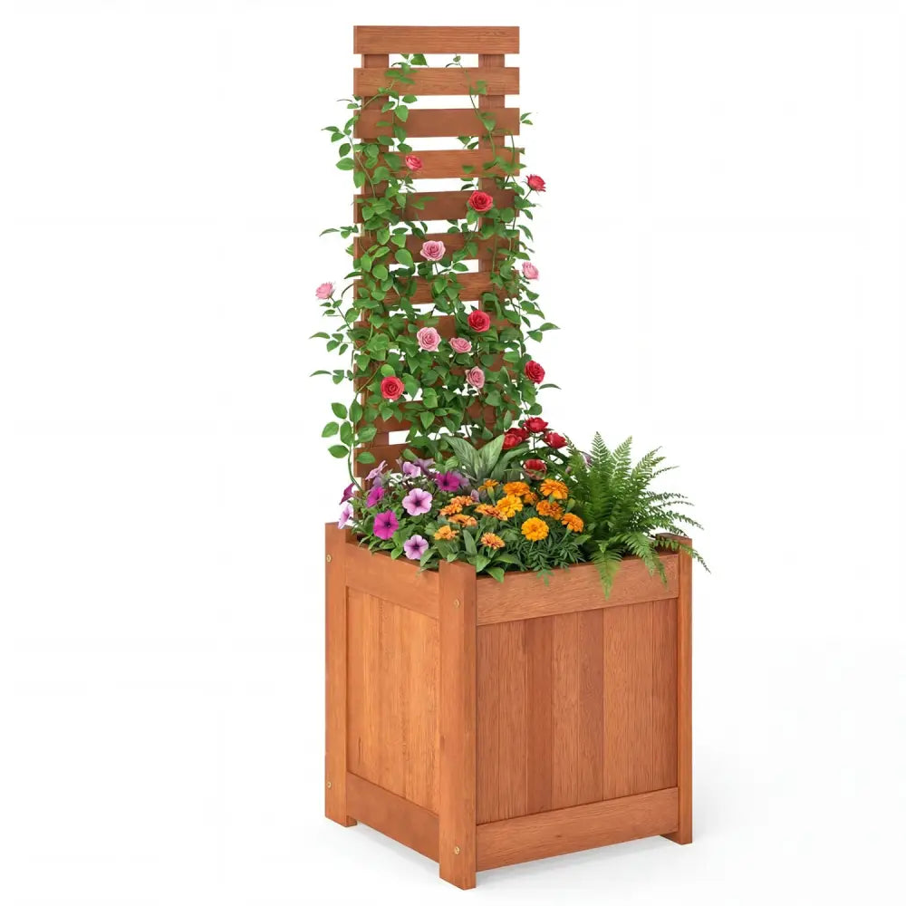 Outdoor Wooden Raised Garden Bed with Trellis - Natural - Raised Garden Beds