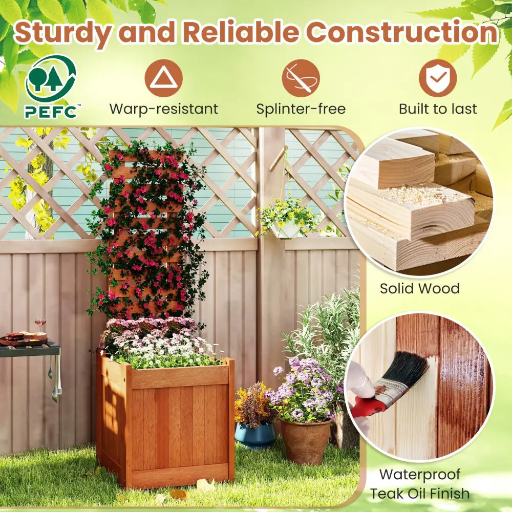Outdoor Wooden Raised Garden Bed with Trellis - Natural - Raised Garden Beds