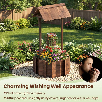 Outdoor Wooden Wishing Well Planter Bucket - Natural - Outdoor Decor
