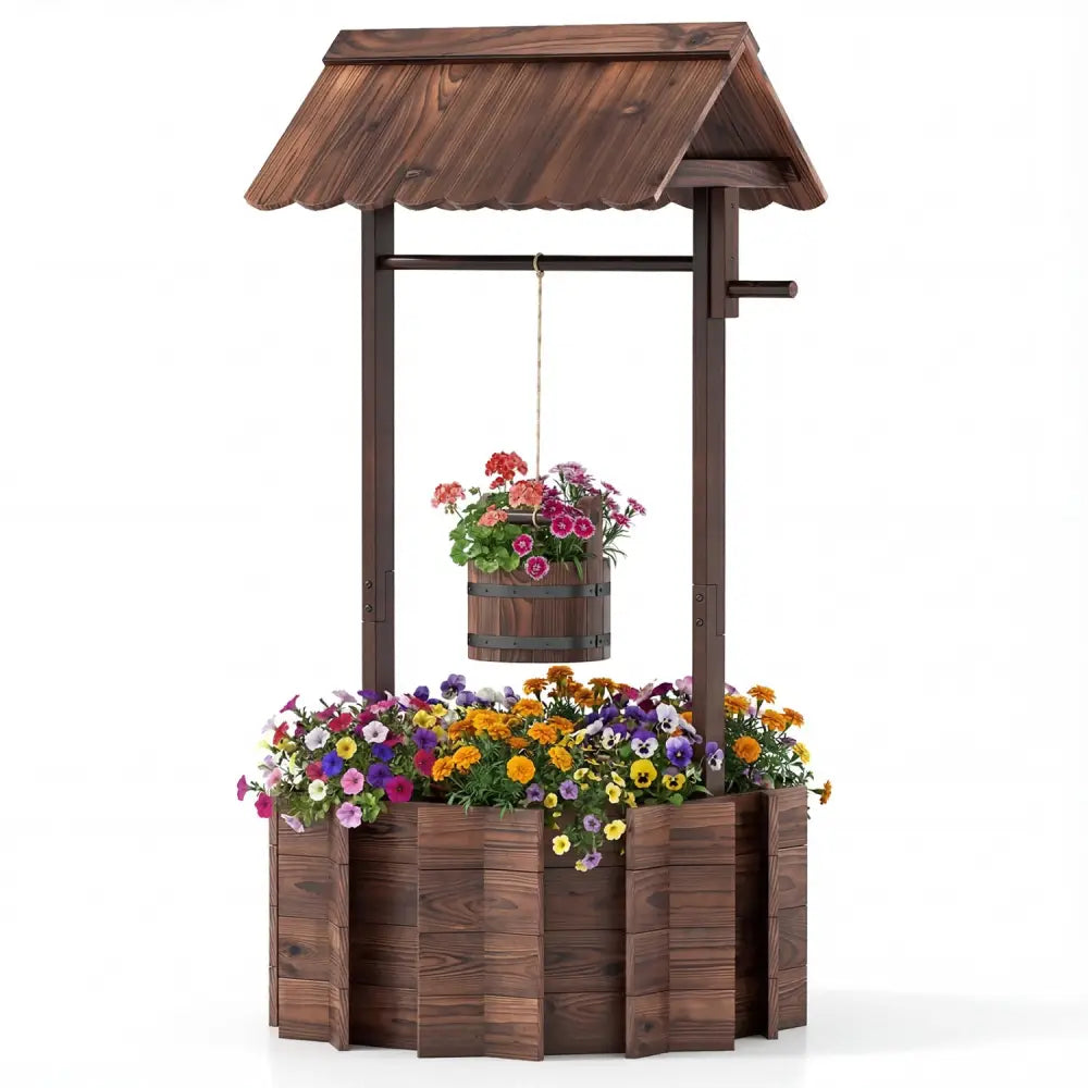 Outdoor Wooden Wishing Well Planter Bucket - Natural - Raised Garden Beds